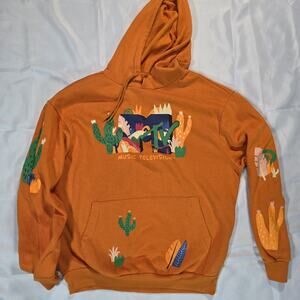 Y2k retro MTV Hoodie Sweatshirt Orange Long Sleeve Pocket Desert design XLarge